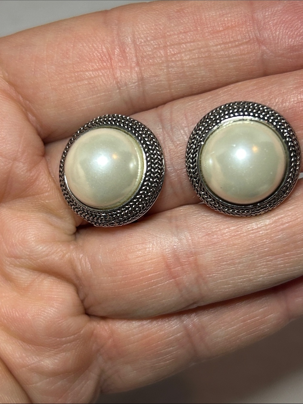 Pearl-Style Silver Button Earrings - Cream
